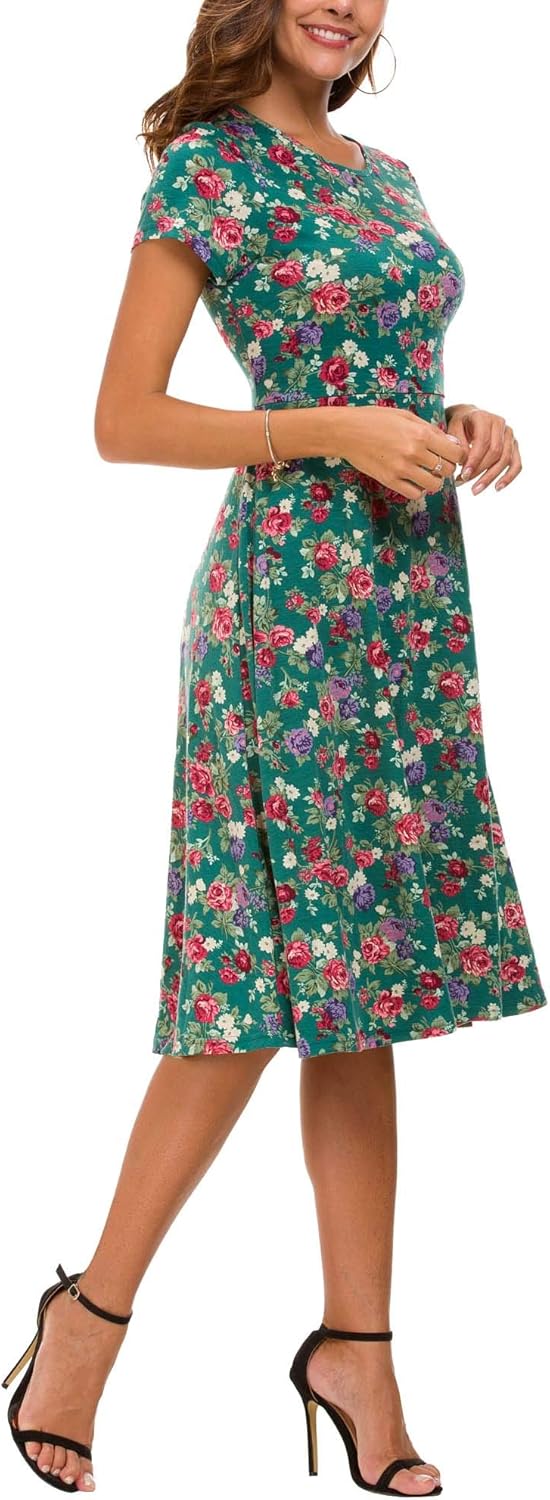 Léonie Robe Midi Fleurie Femme – Robe Évasée Manches Courtes Col Rond Été