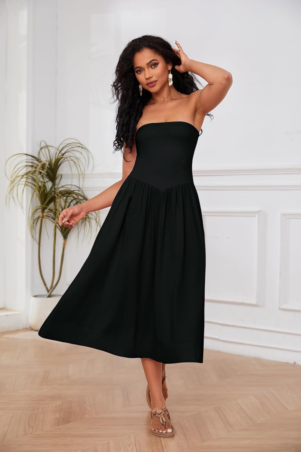 Lina Robe Midi Femme – Robe Bustier Sans Manches Taille Basse A-Line Été Chic