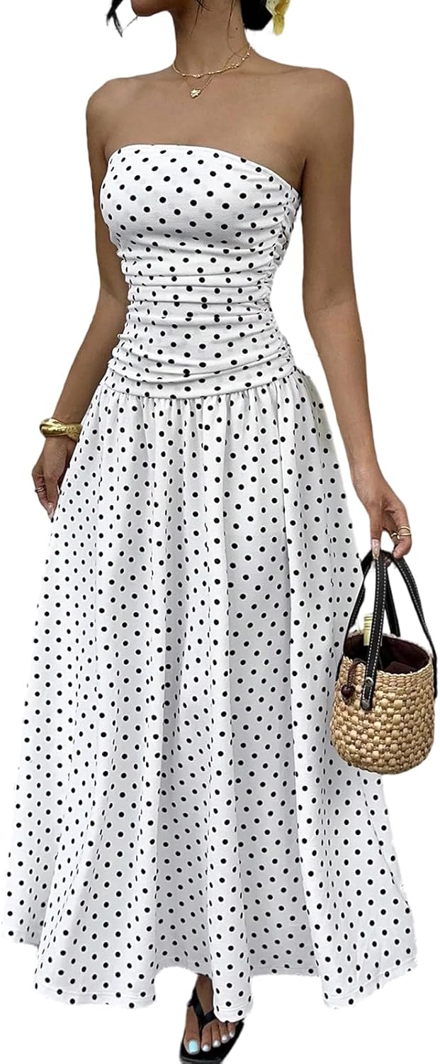 Sophie Kleid Damen – Maxikleid Bandeau mit Punkten, hohe Taille, fließend, elegant, Sommer
