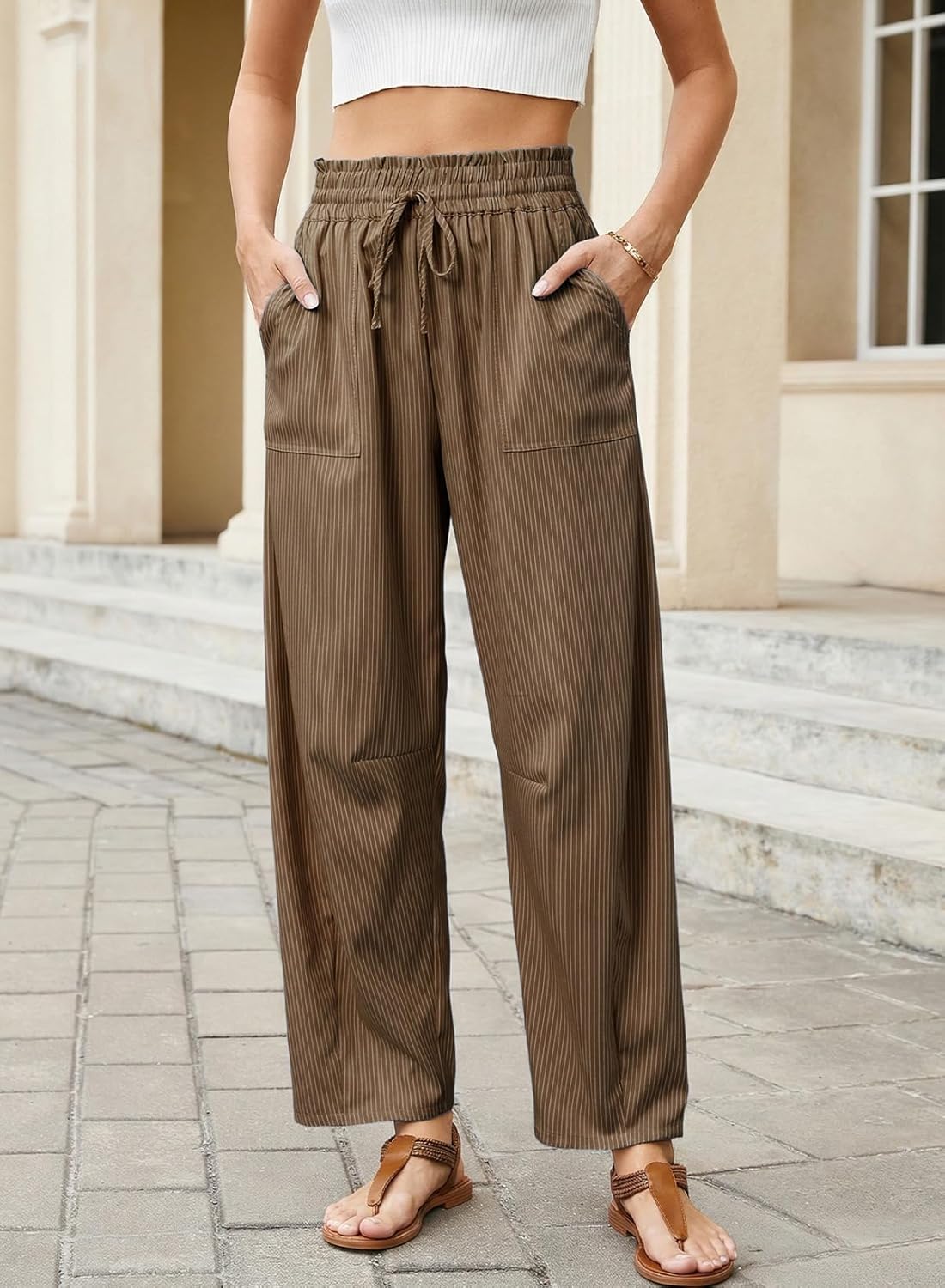 Pantalón Inès para mujer – Pantalón Barrel a rayas de talle alto y cordón para verano