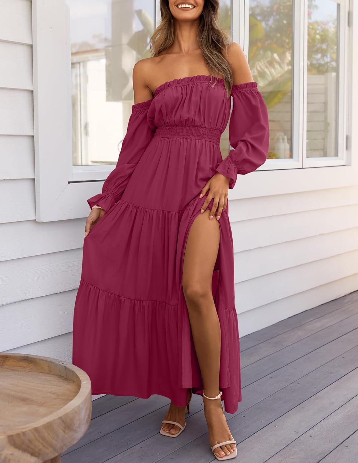 Sophie Robe Maxi Femme – Robe Bohème Épaules Dénudées Fendue Taille Smockée