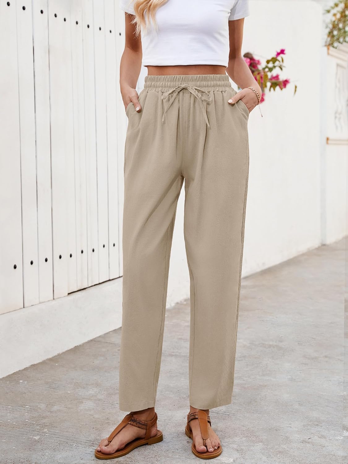 Ysabel Dámské lněné capri kalhoty – krajka, široký střih, elastický pas, elegantní léto