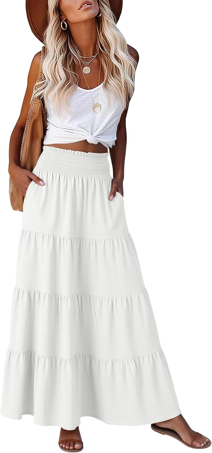 Juna Jupe Maxi Femme – Maxi sukňa v bohémovom štýle s vysokým pásom, nariasená a s volánmi na leto