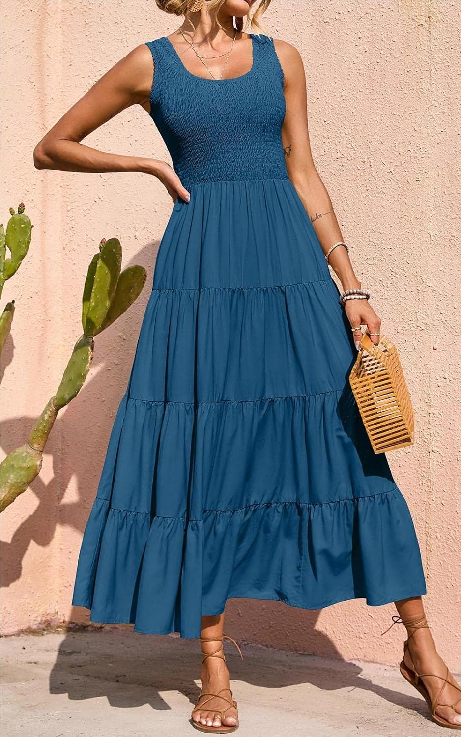 Élina Robe Maxi Femme – Robe Smockée Sans Manches Coupe A-Line Été Bohème