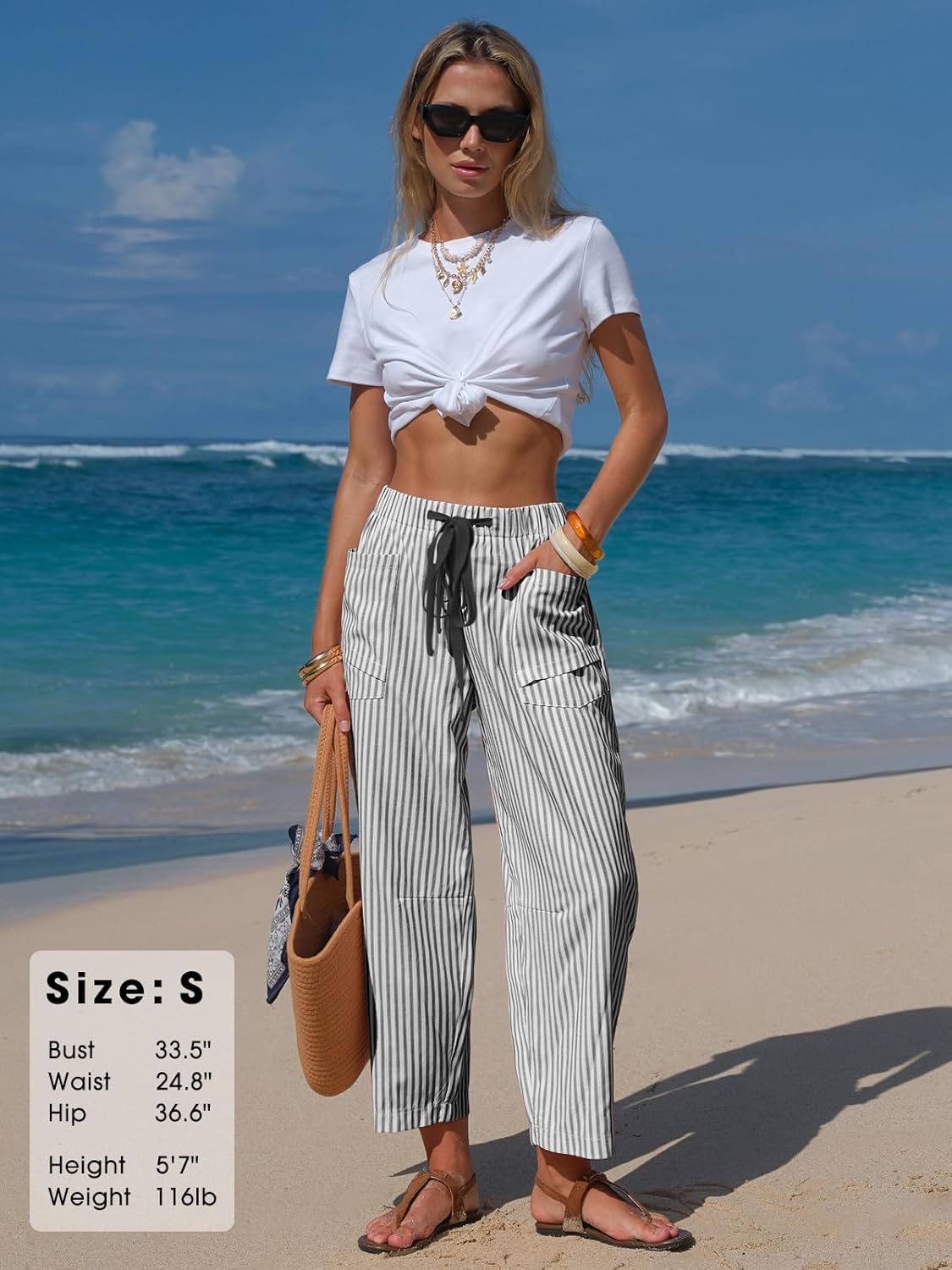 Laura Damenhose Leinen Gestreift – Weite Capri, Elastischer Bund, Leicht, Sommer