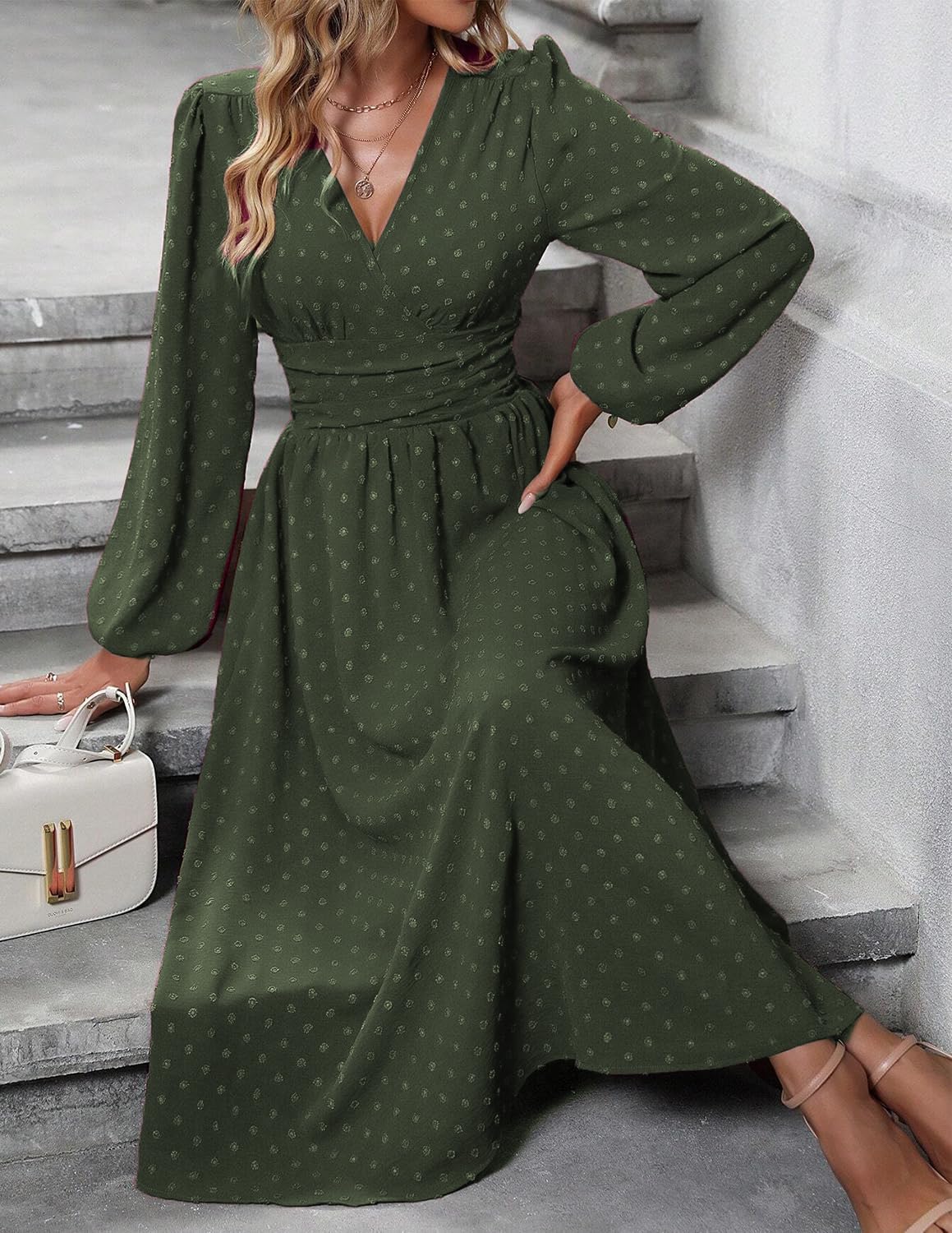 Tierra Robe Femme Pois – Coupe A-Line, Col V, Taille Haute Plissée Élégante