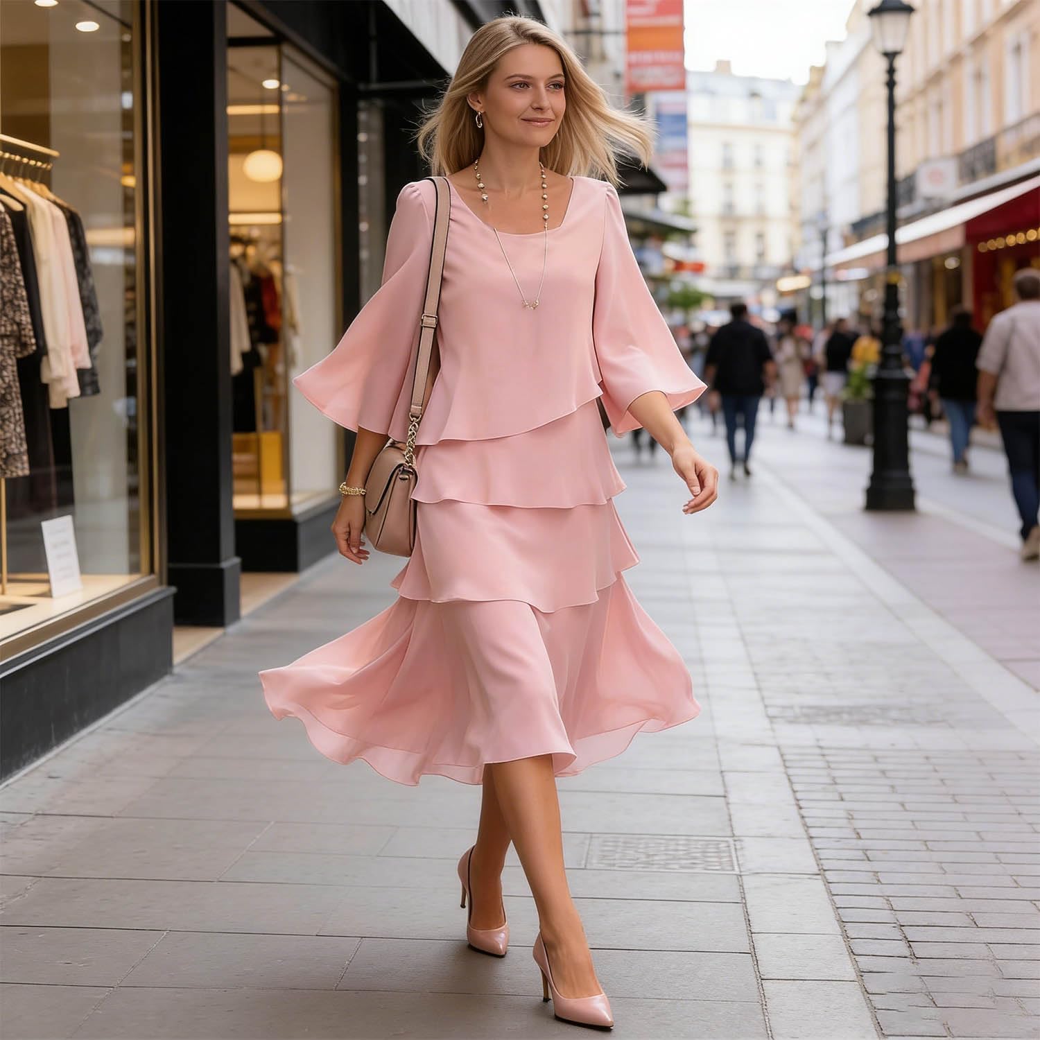 Camille Dámské Šaty – Midi Šaty s Volánky a Rozšířenými Rukávy Elegantní Koktejlové Svatební