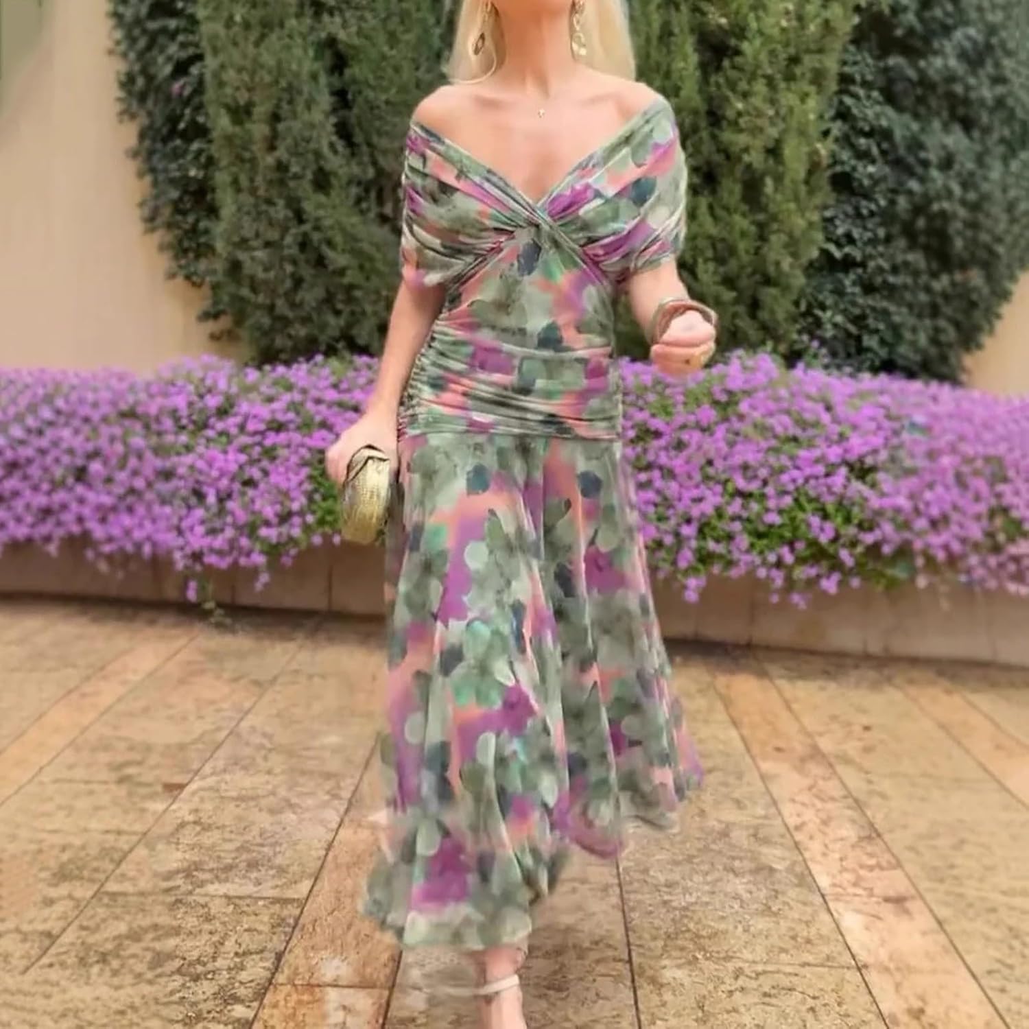 Olivia Damenkleid – Blumiges Cocktailkleid mit freiliegenden Schultern und hoher Taille, elegant