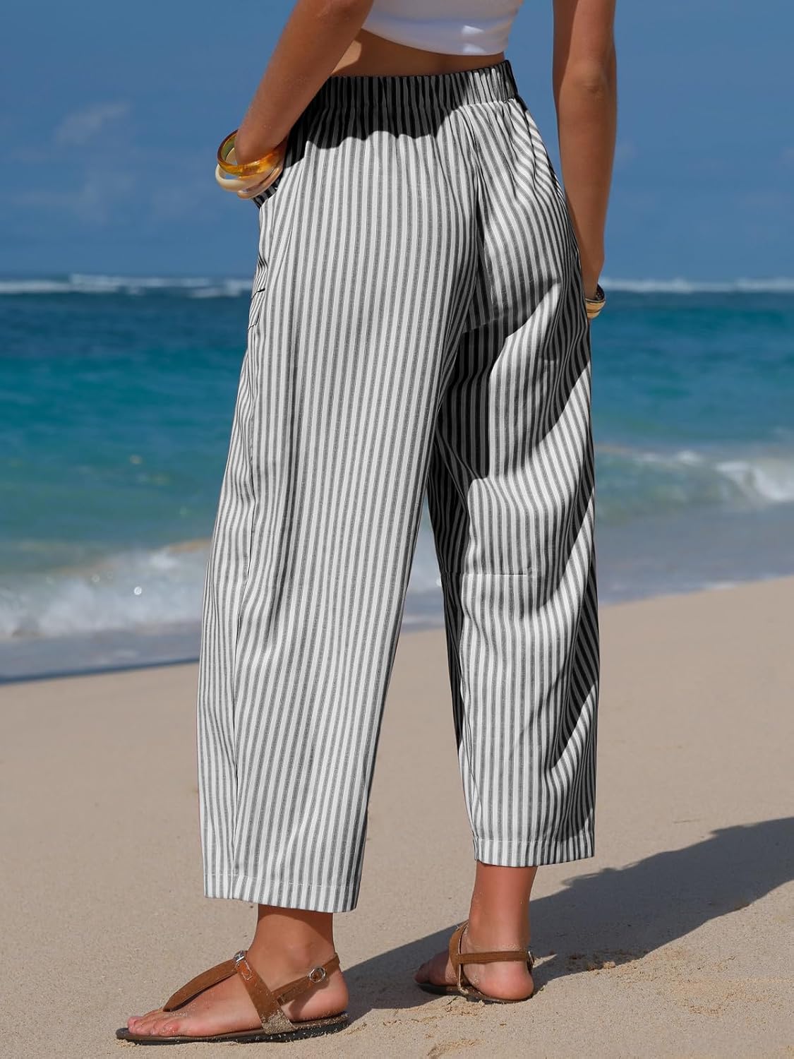 Laura Damenhose Leinen Gestreift – Weite Capri, Elastischer Bund, Leicht, Sommer