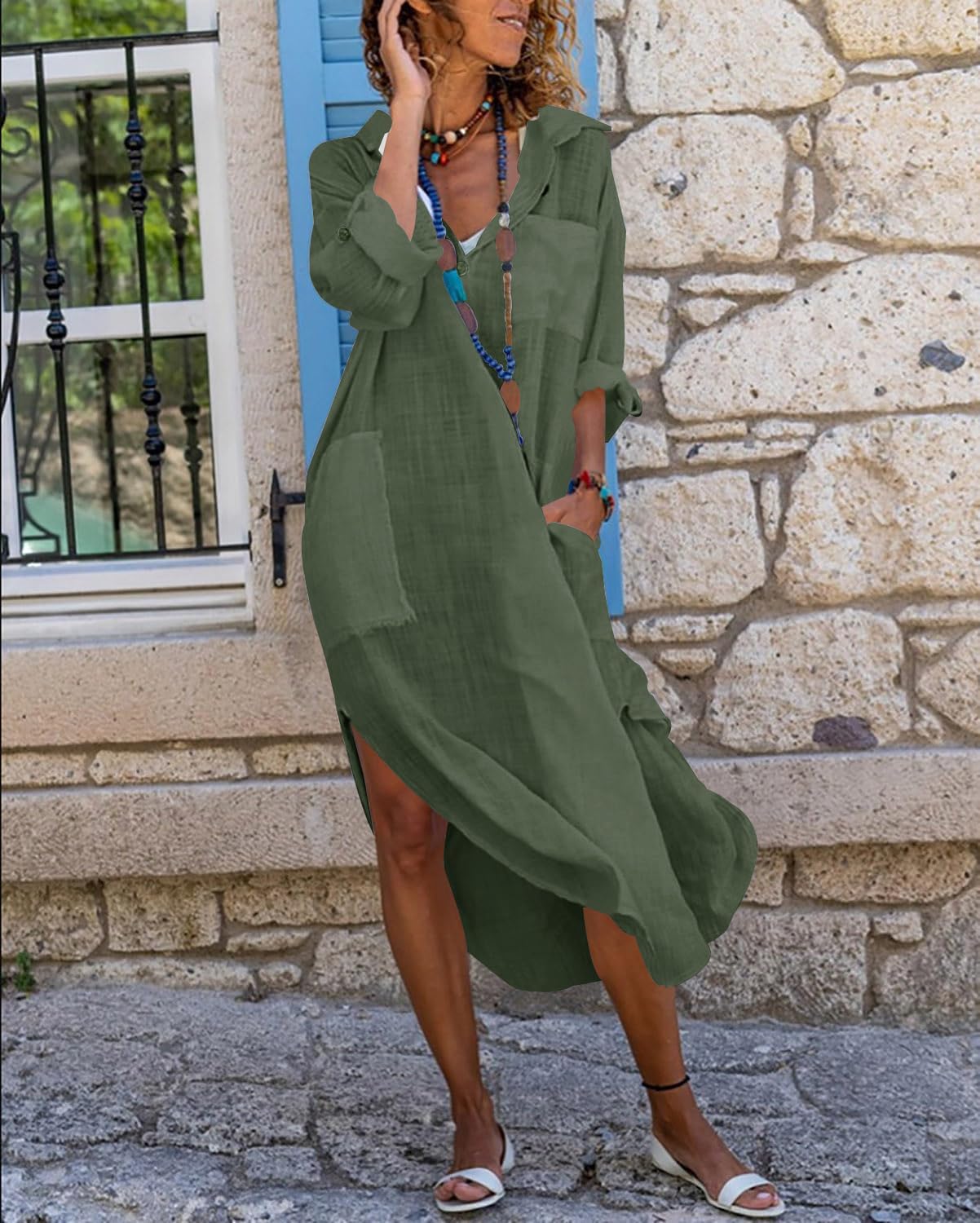 Emma Robe Chemise Longue Femme – Robe Lin Coton Boutonnée Fendue Avec Poches