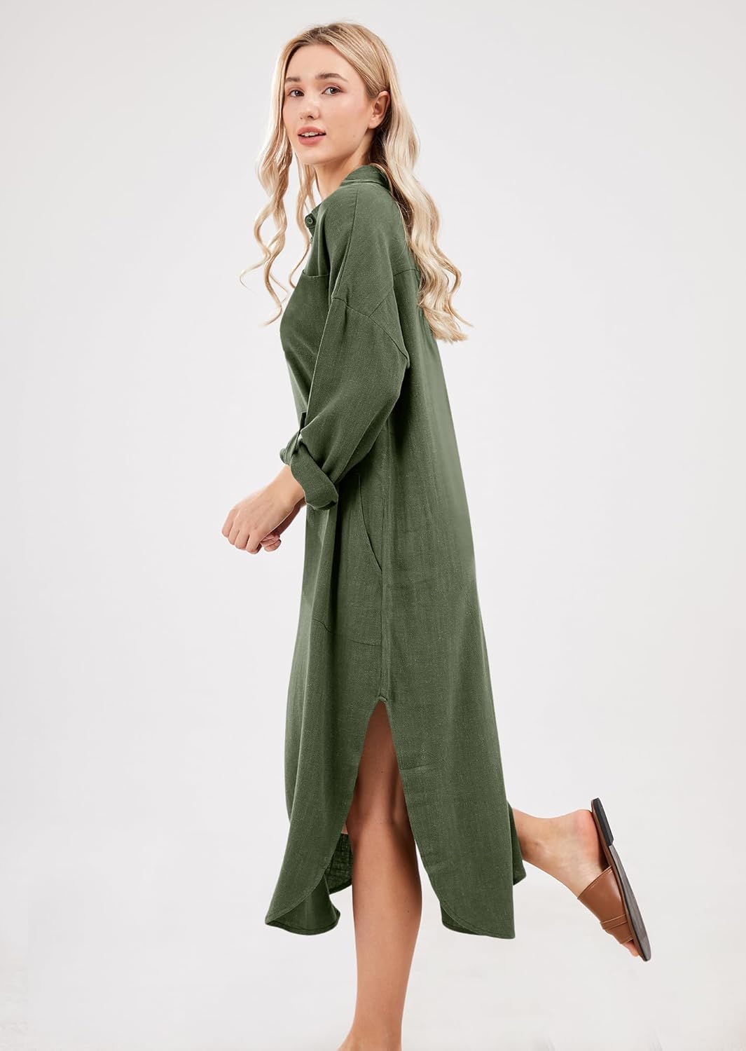 Emma Robe Chemise Longue Femme – Robe Lin Coton Boutonnée Fendue Avec Poches