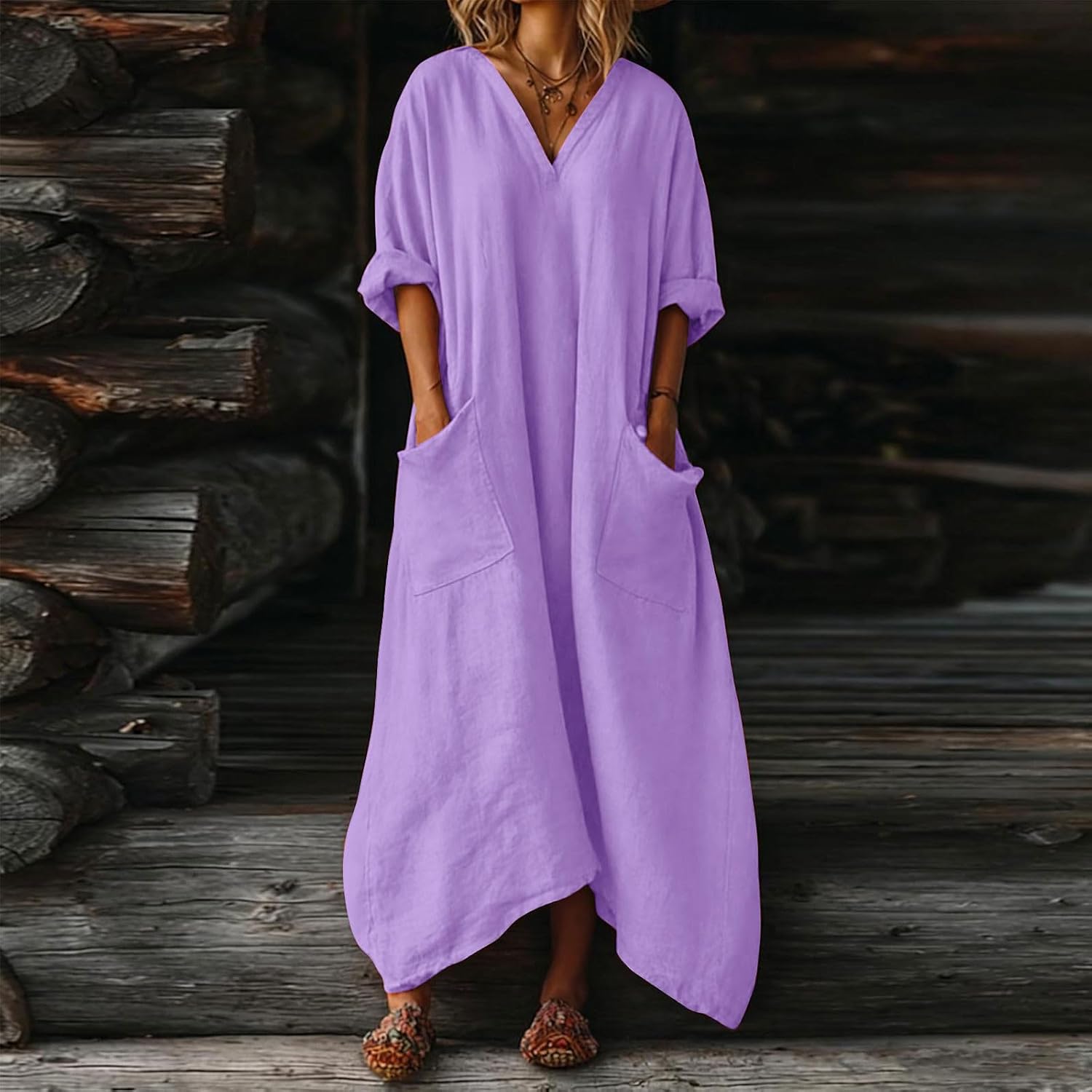 Mila naisten mekko – Maxi pellavamekko V-pääntiellä, 3/4-hihat, A-linjainen leikkaus, oversize, kesä