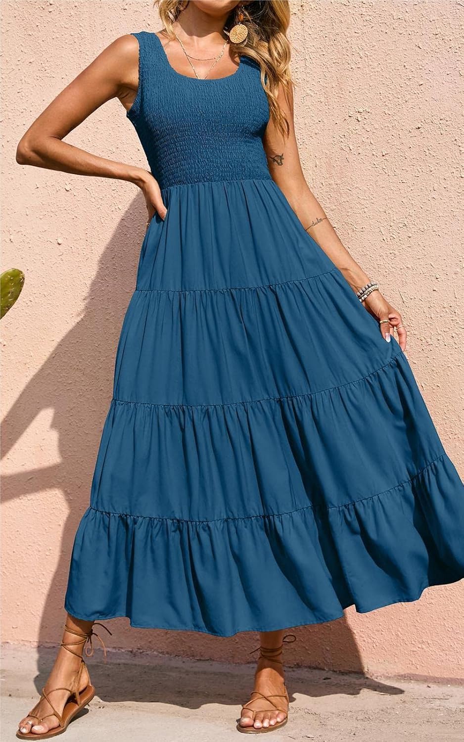 Élina Robe Maxi Femme – Robe Smockée Sans Manches Coupe A-Line Été Bohème