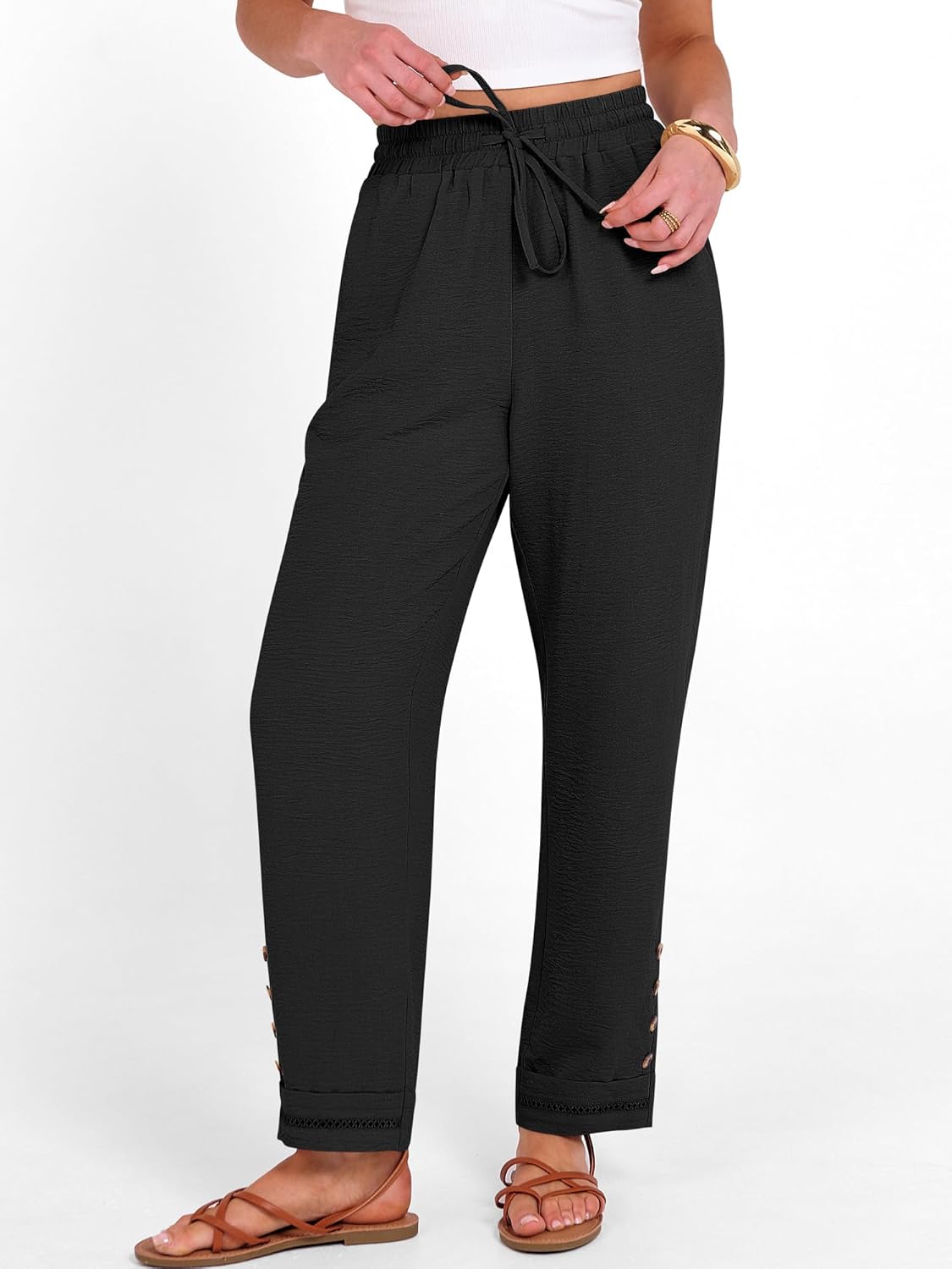 Cianne Pantalon Femme Capri – Coupe Fluide, Taille Élastique Cordon, Casual Été Chic