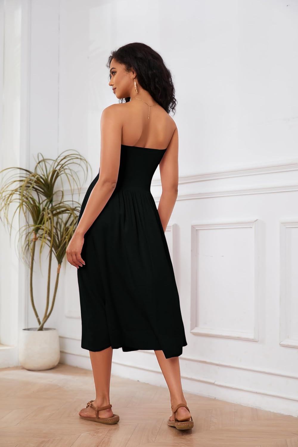 Lina Robe Midi Femme – Robe Bustier Sans Manches Taille Basse A-Line Été Chic