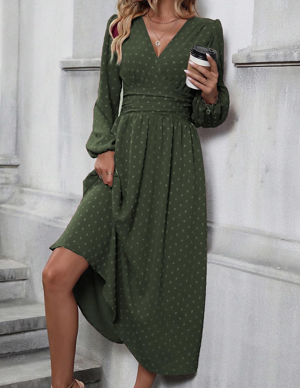 Tierra Robe Femme Pois – Coupe A-Line, Col V, Taille Haute Plissée Élégante
