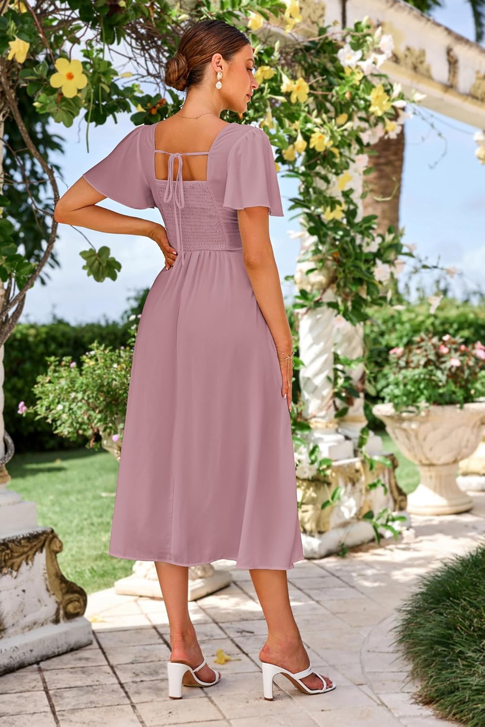 Vestido Claire para mujer – Vestido maxi con escote en V, espalda cuadrada, línea A, fluido, bohemio, verano