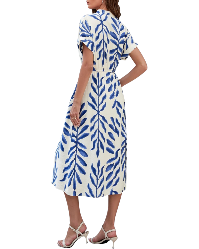 Rosita Robe Femme Bohème – Col V, Manches Courtes, Taille Haute, Poches Été