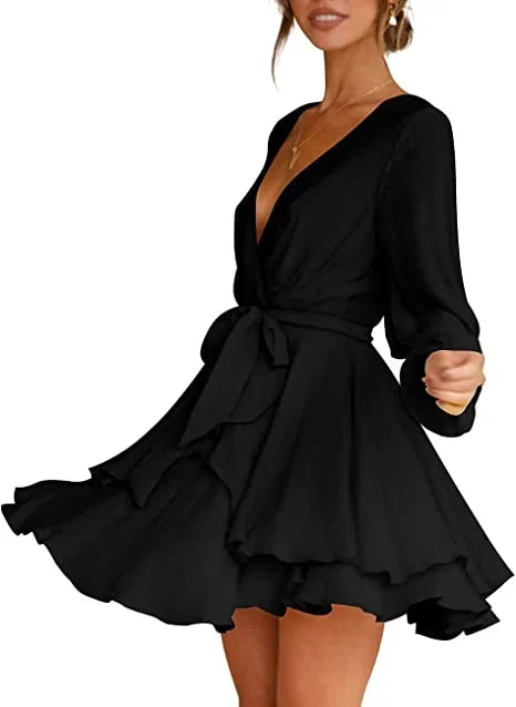 Abito corto da donna Cléo - Abito svasato con scollo a V, cintura e maniche lunghe