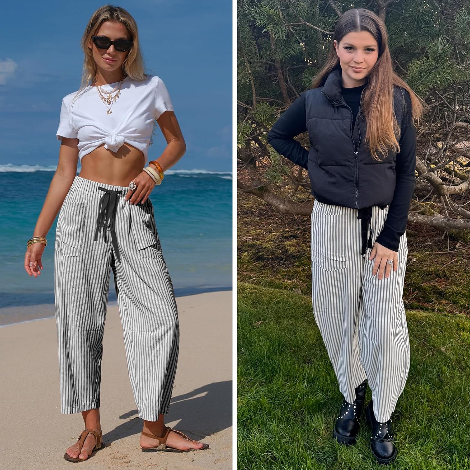 Léna damebukse – stripete capri med linlook, elastisk midje og lommer