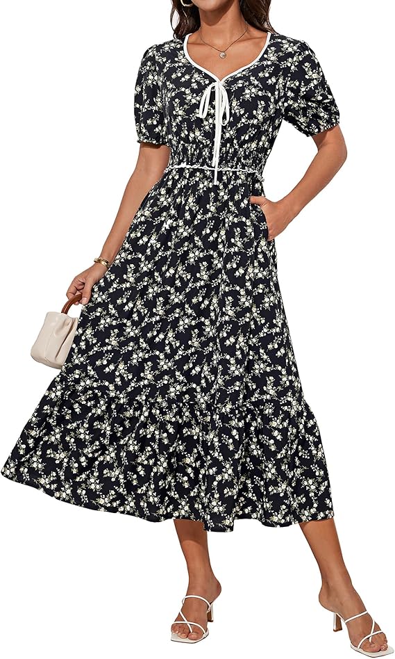 Tasha Robe Midi Femme – Col V, Taille Smockée & Coupe A-Line Élégante Été