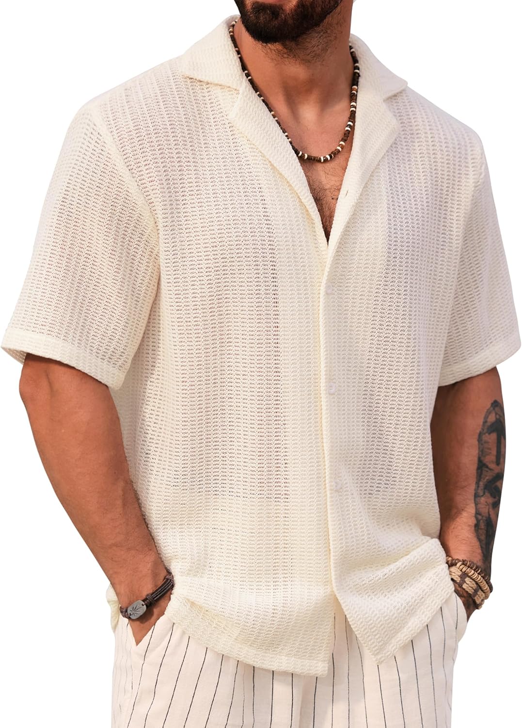 Herbert Chemise Crochet Homme – Chemise Maille Ajourée Style Cubain Été