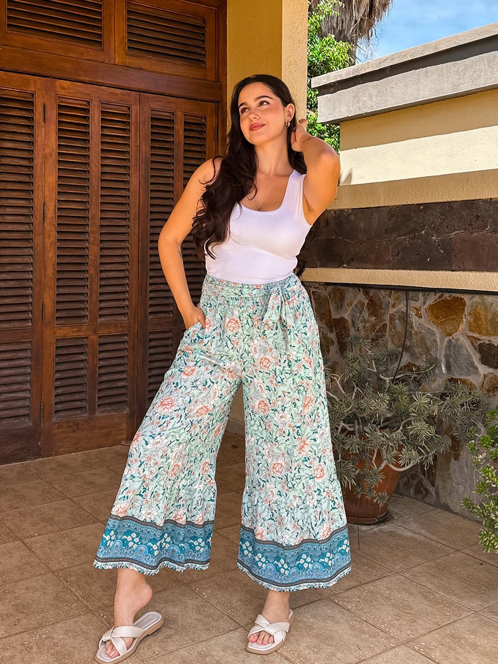 Zainab Pantalon Femme Palazzo Bohème – Coupe Large Fluide, Taille Haute Élastique Été
