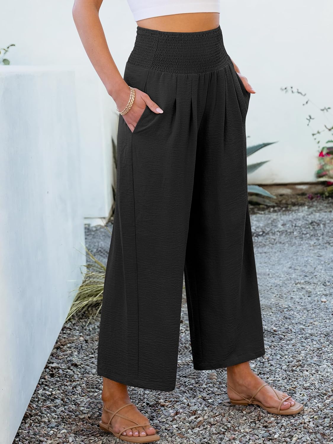 Roxanne Hose Damen – Weite Palazzo-Hose Hohe Taille Fließend & Taschen Sommer