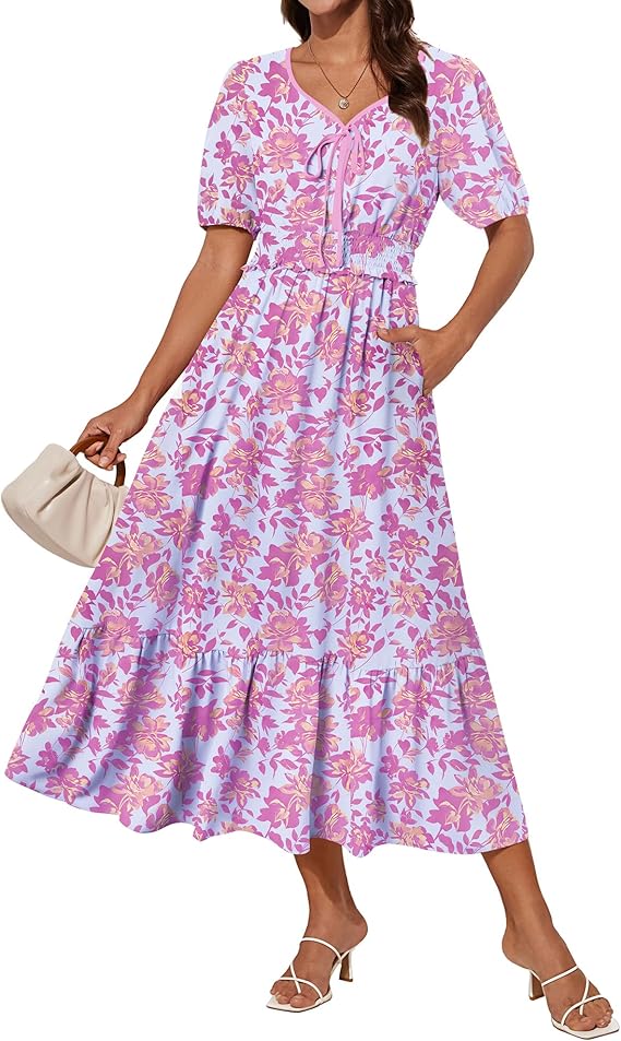 Tasha Robe Midi Femme – Col V, Taille Smockée & Coupe A-Line Élégante Été