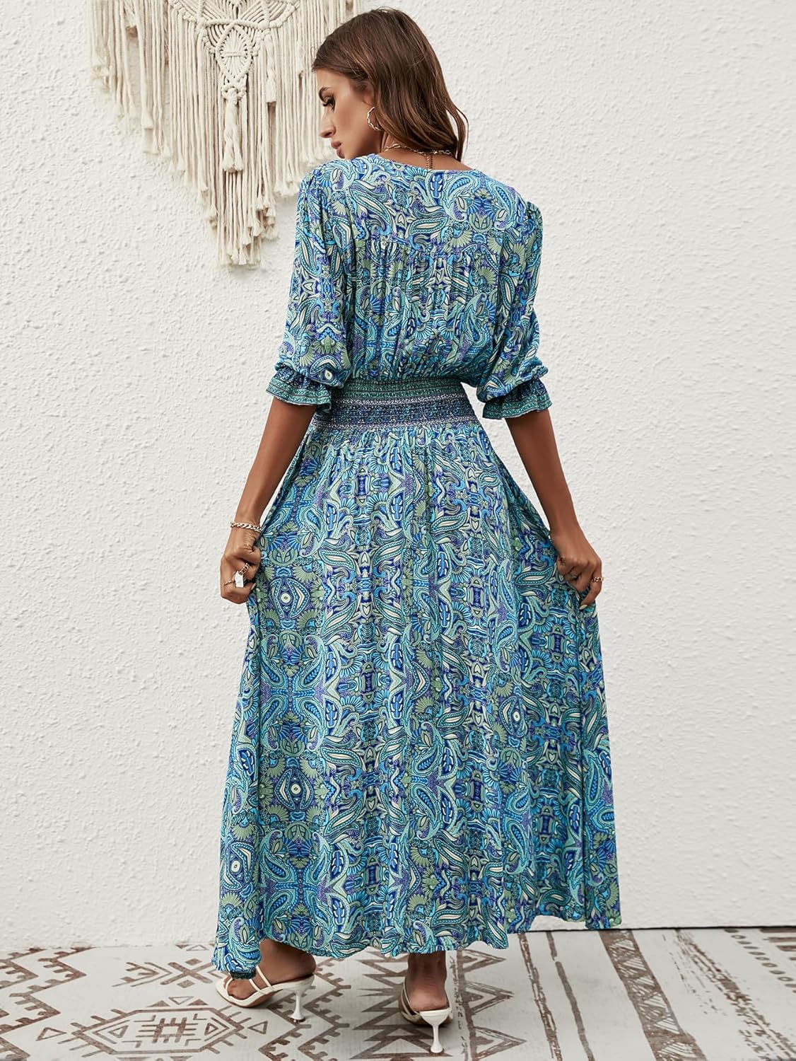 Liezl Robe Femme Bohème Fleurie – Col V Cache-Cœur, Midi Fluide, Manches 3/4