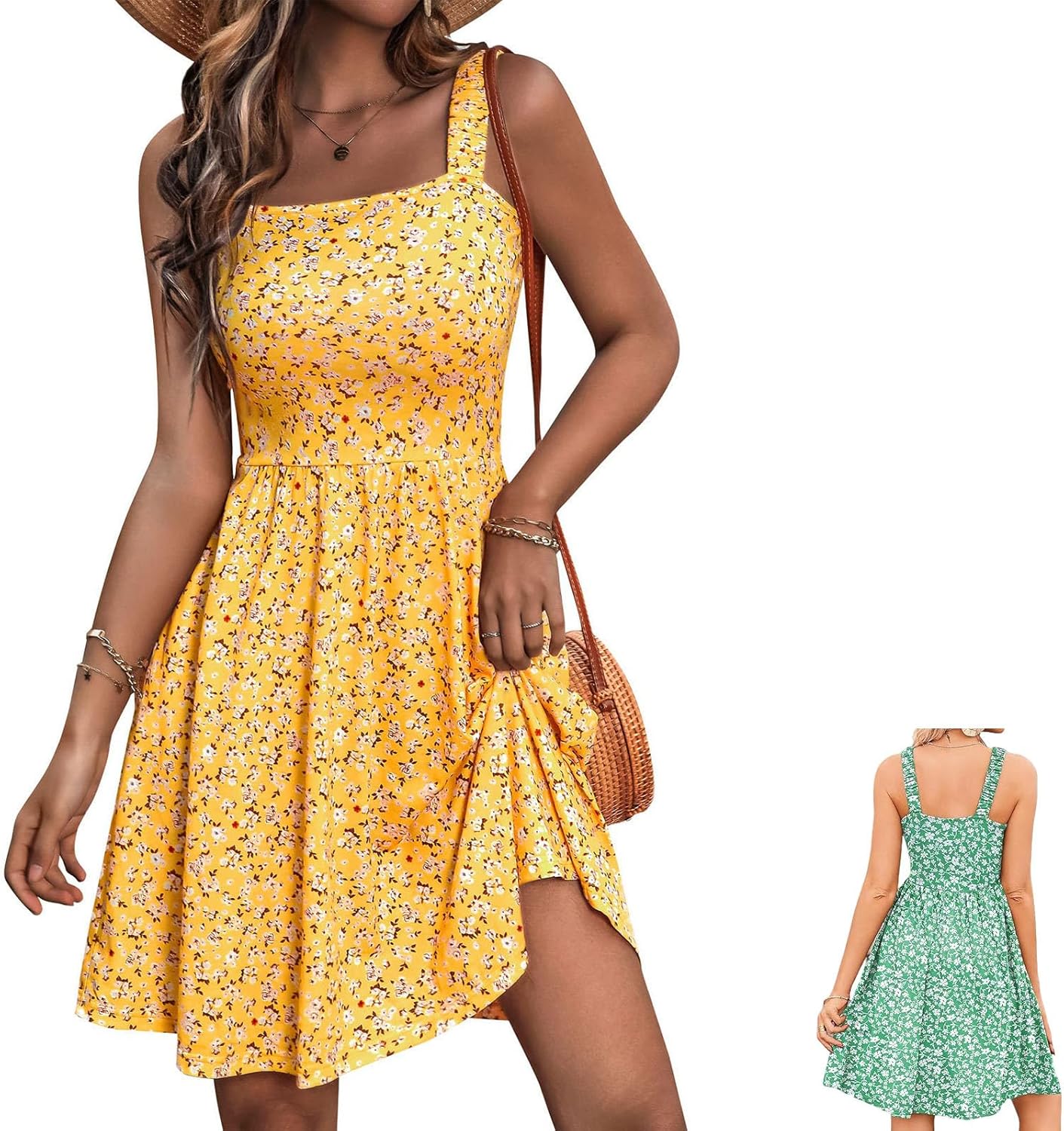 Emma Damenkleid – Blumenkleid mit quadratischem Ausschnitt, ärmellos, A-Linie, Mini mit Taschen, Sommer