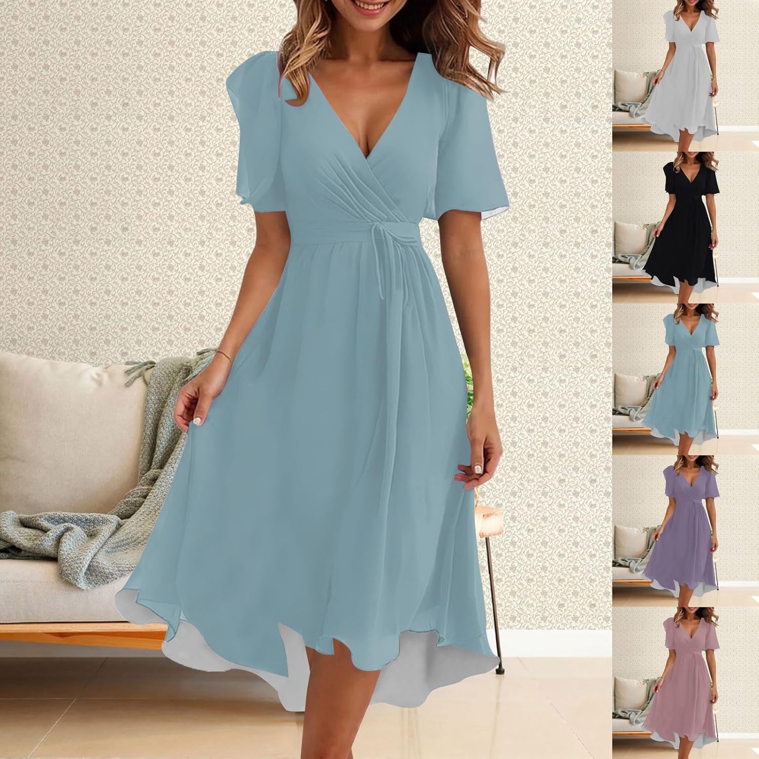 Amélie Women's Dress – Elegant Midi Chiffon Dress with V-Neck, Short Sleeves, and Wrap Waist