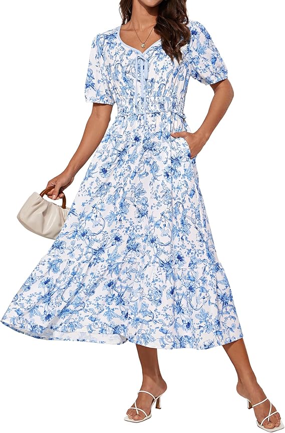 Tasha Kjole Midi Dame – V-udskæring, Smocktalje & Elegant A-linje Sommer