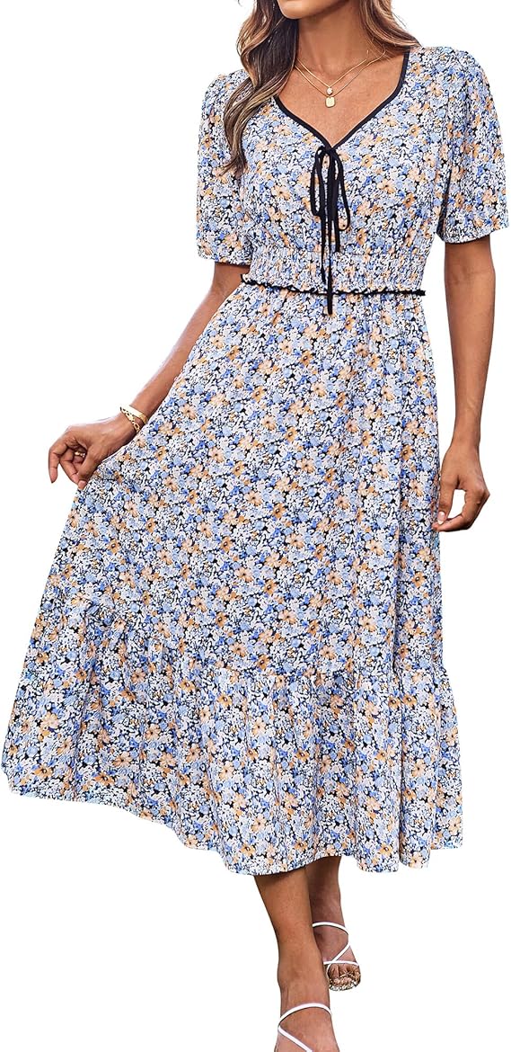 Tasha Kjole Midi Dame – V-udskæring, Smocktalje & Elegant A-linje Sommer