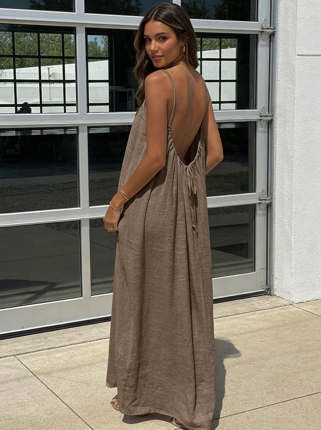 Luna Robe Maxi Femme – Robe Dos Nu Bretelles Fines Effet Lin Été Bohè