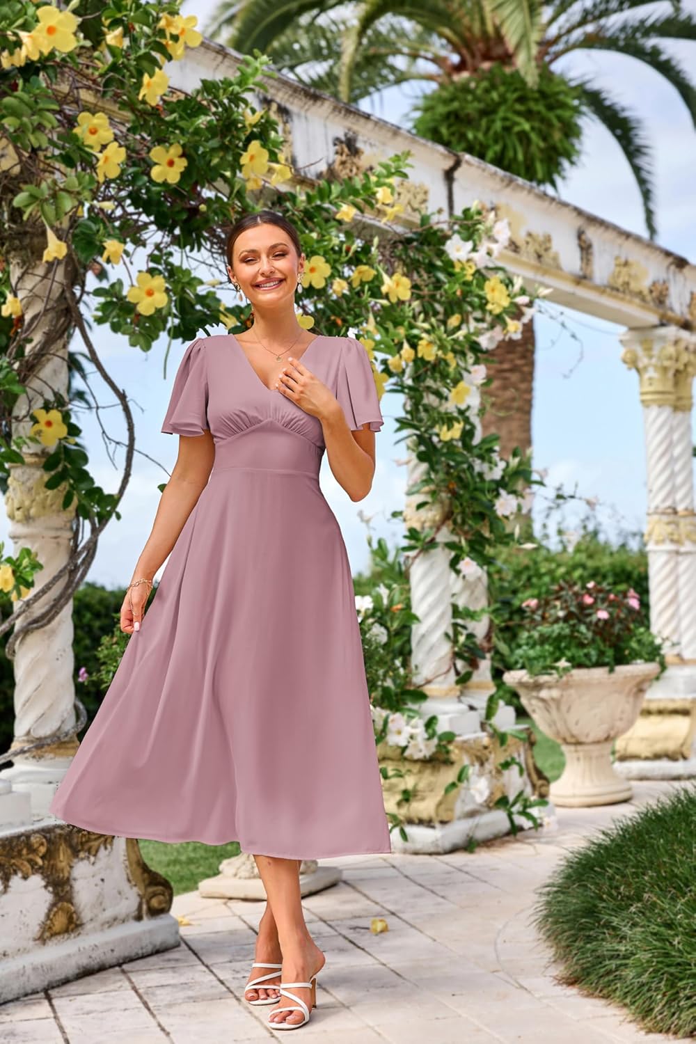 Vestido Claire para mujer – Vestido maxi con escote en V, espalda cuadrada, línea A, fluido, bohemio, verano