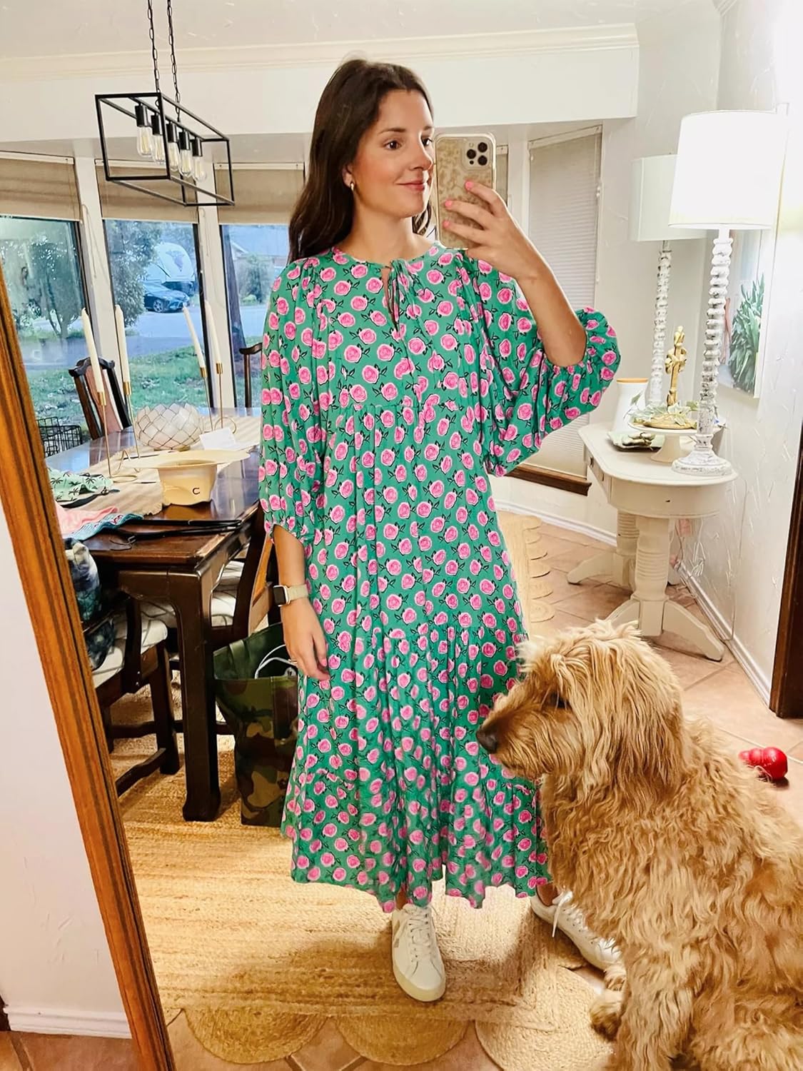 Sukienka Maxi Boho Amélie dla Kobiet – Długa Zwiewna Sukienka z Dekoltem w Serek i Geometrycznym Wzorem