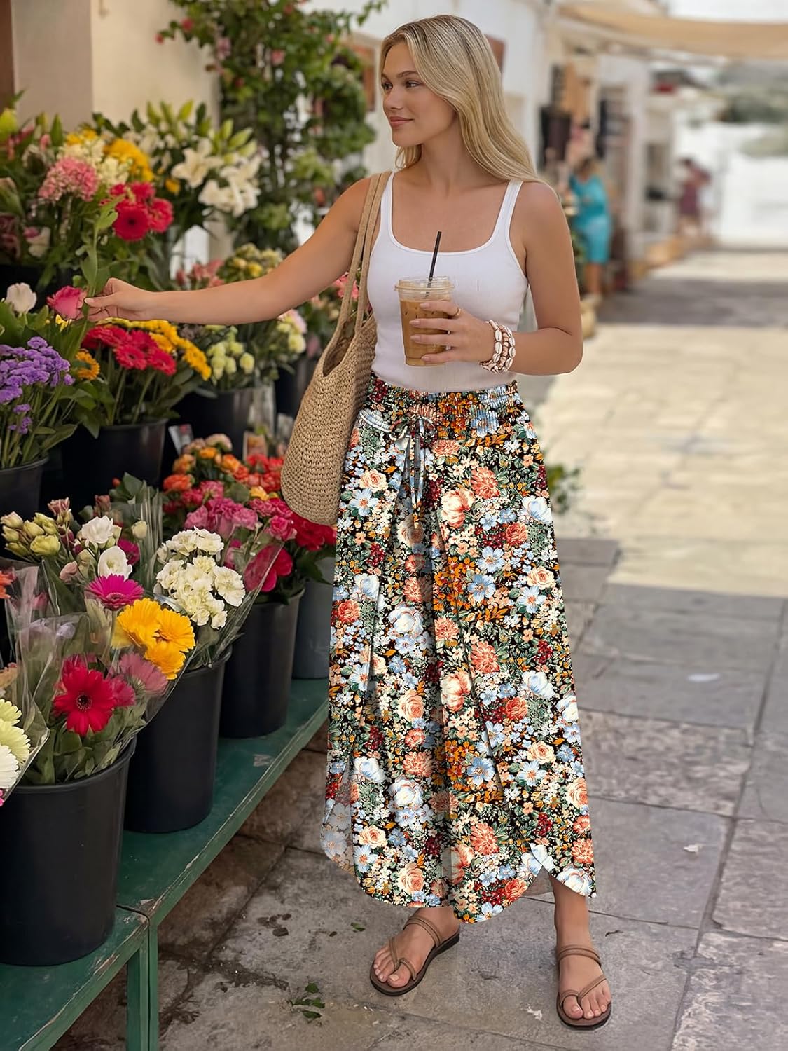Trisha Pantalon Femme Palazzo – Taille Haute Fluide, Large Élastique Été Chic