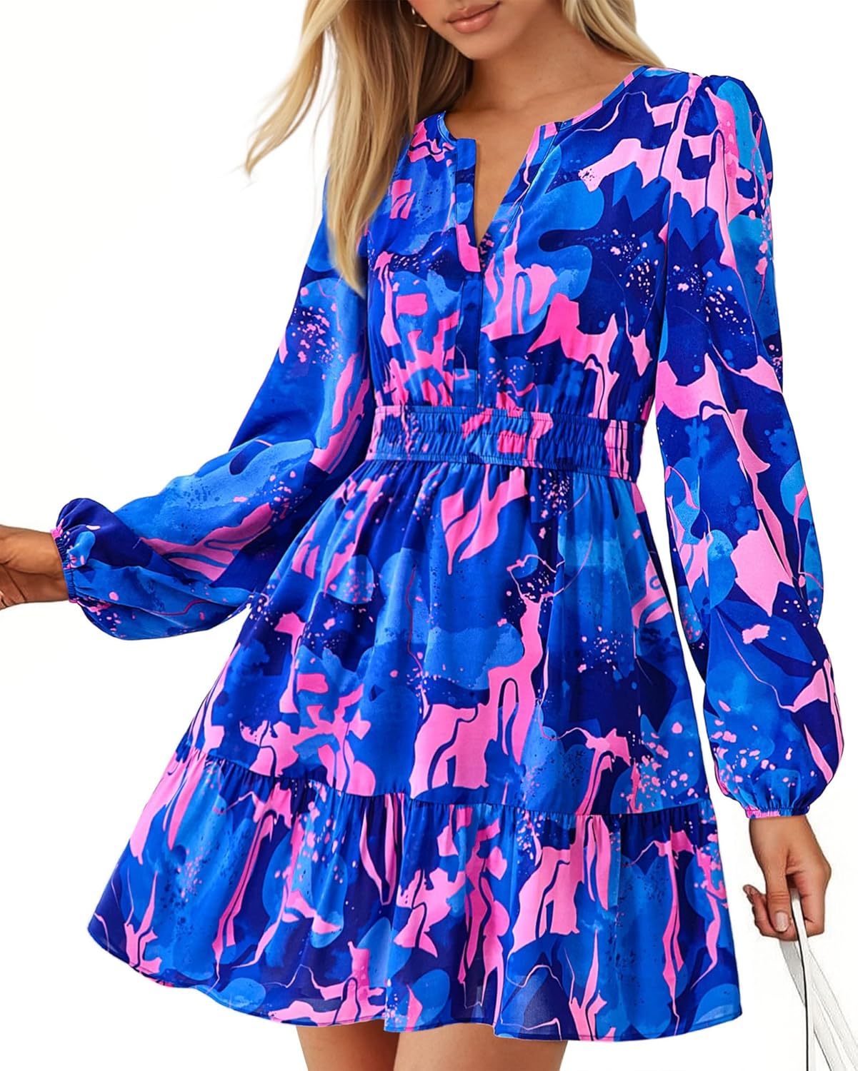 Adela Robe Courte Bohème Femme – Robe Fleurie Col V, Manches Longues & Taille Élastique