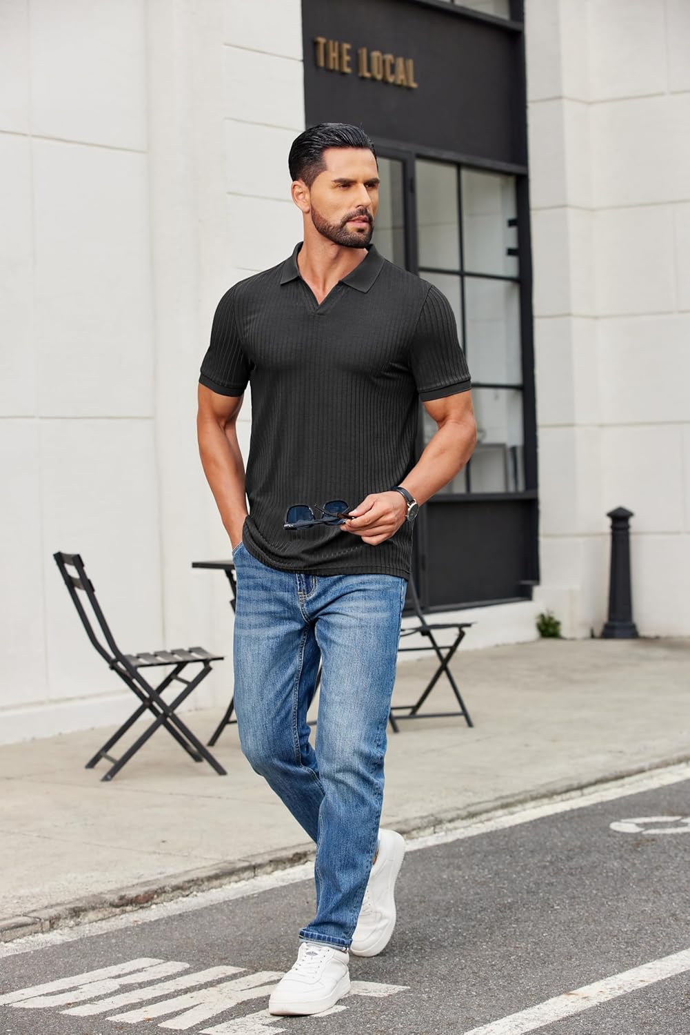 Alex Polo Homme – Polo Côtelé Col V Slim Fit, Léger & Style Été Moderne