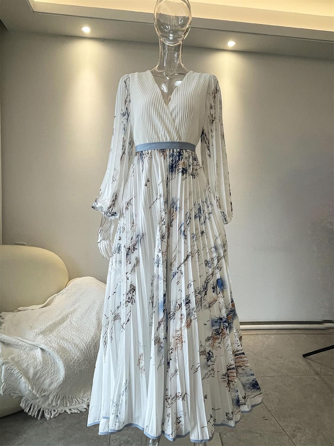 Rochie Amélie pentru femei – Rochie maxi cu flori, decolteu în V, cu centură, boemă, elegantă, pentru nuntă