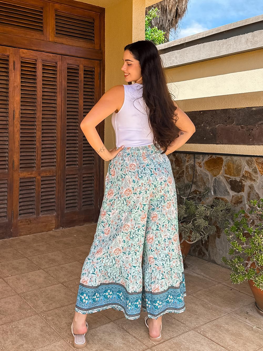 Zainab Pantalon Femme Palazzo Bohème – Coupe Large Fluide, Taille Haute Élastique Été