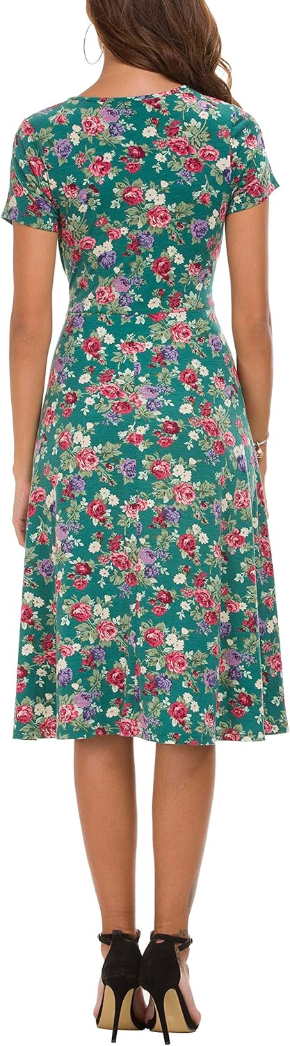 Léonie Robe Midi Fleurie Femme – Robe Évasée Manches Courtes Col Rond Été