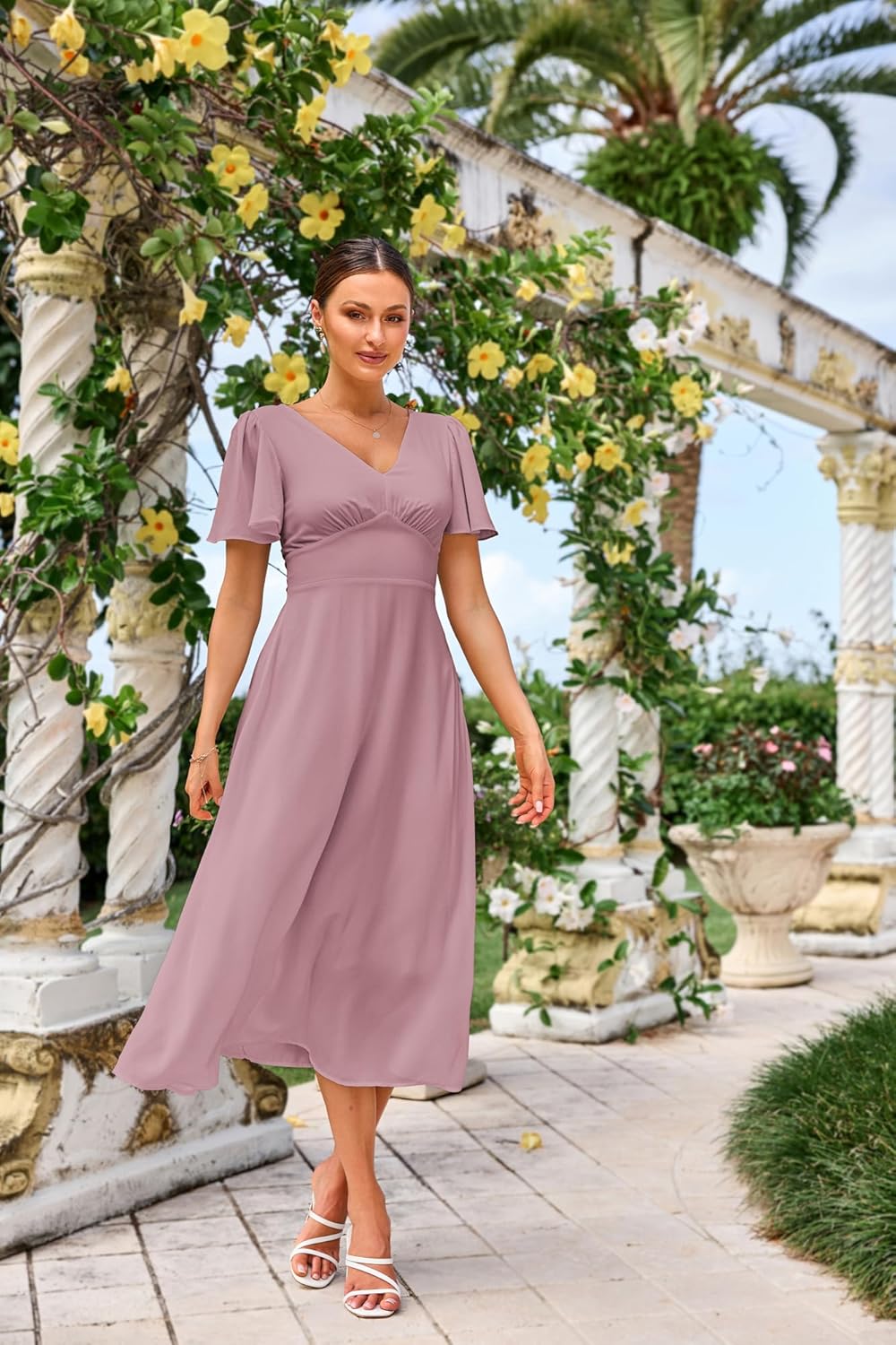 Vestido Claire para mujer – Vestido maxi con escote en V, espalda cuadrada, línea A, fluido, bohemio, verano