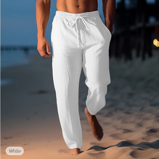 Sean Pantalon Plage Homme – Pantalon Estival en Lin Bleu Clair Respirant avec Cordon de Serrage