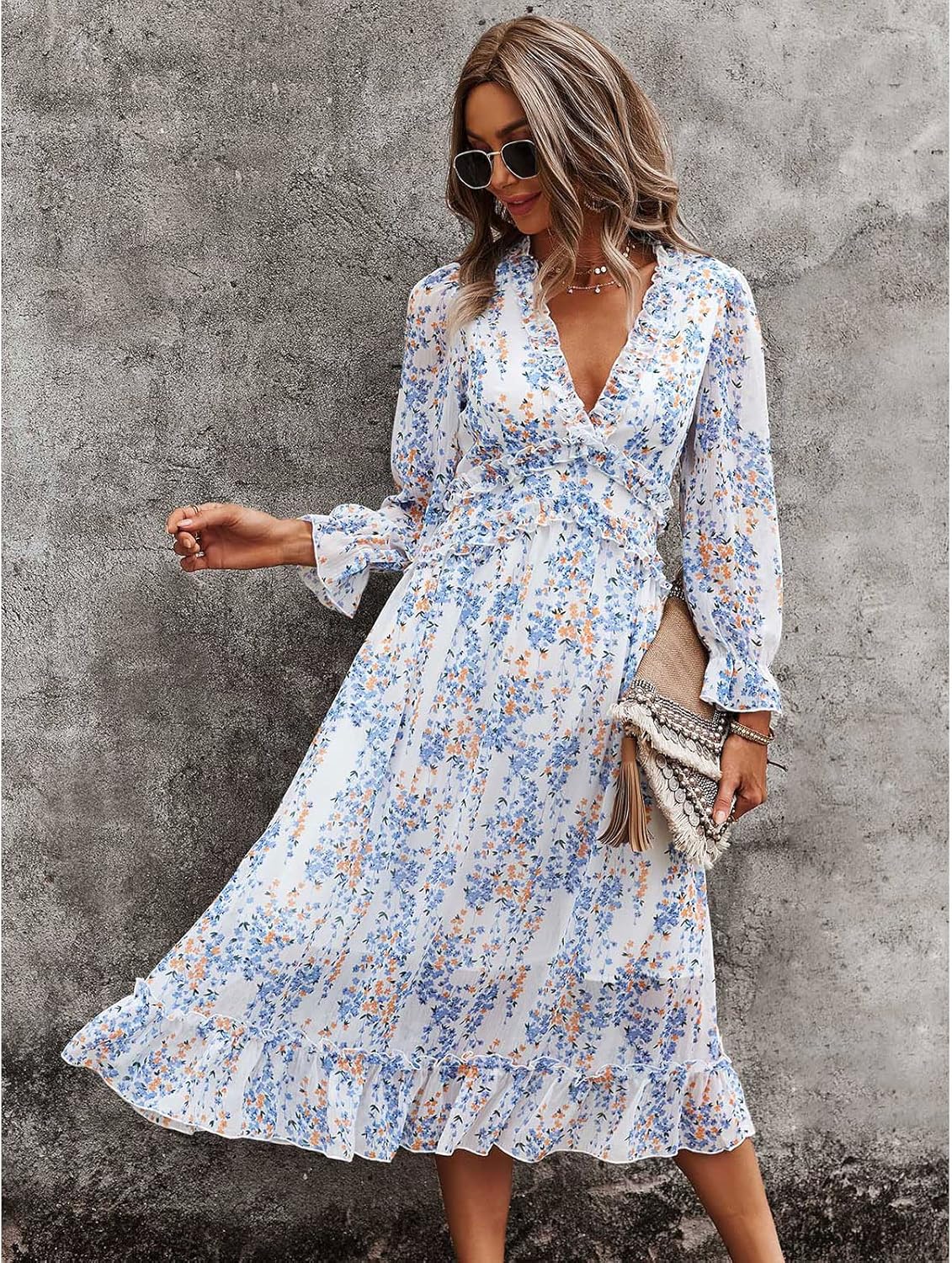 Alexa Robe Femme Fleurie – Col V, Manches Longues, Coupe Fluide Casual Élégante