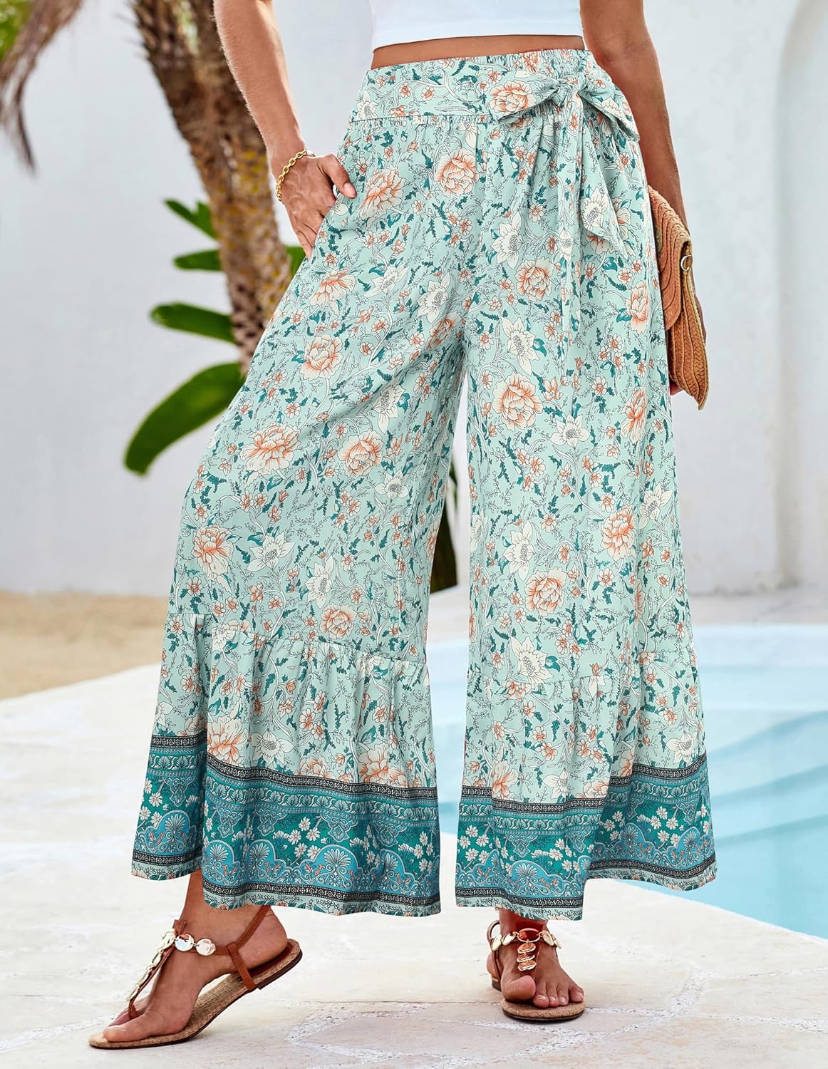 Zainab Pantalon Femme Palazzo Bohème – Coupe Large Fluide, Taille Haute Élastique Été