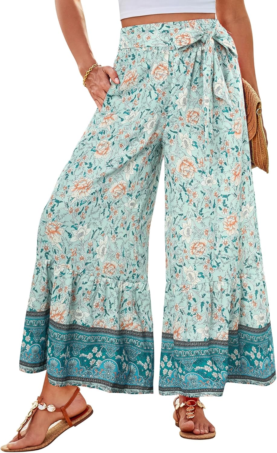 Zainab Pantalon Femme Palazzo Bohème – Coupe Large Fluide, Taille Haute Élastique Été