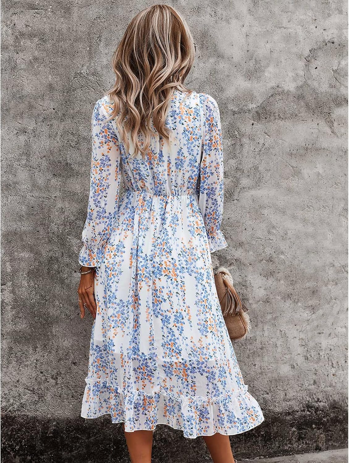 Alexa Robe Femme Fleurie – Col V, Manches Longues, Coupe Fluide Casual Élégante
