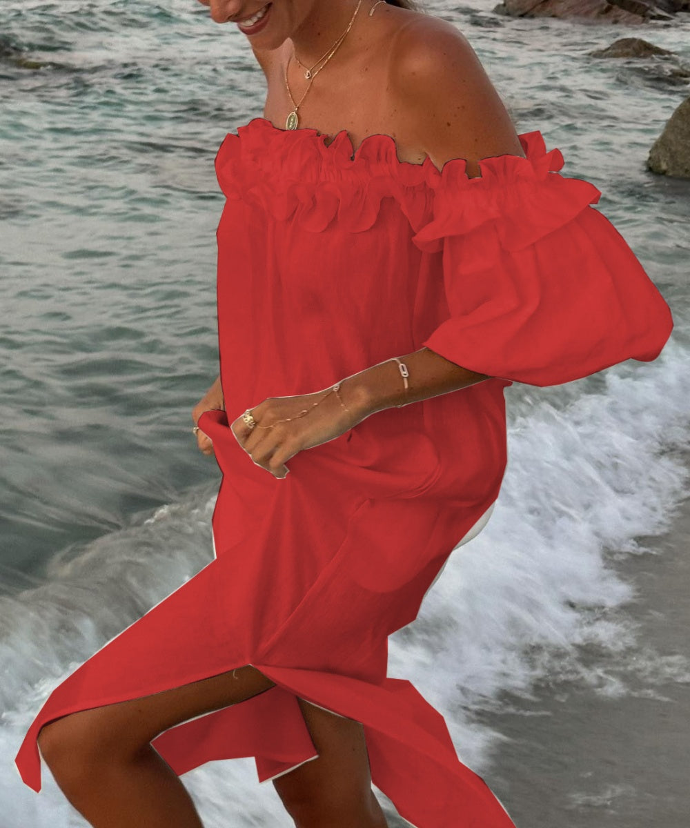 Sukienka damska Valentina Maxi – sukienka boho z bawełny z odkrytymi ramionami, falbankami i dekoltem bardot